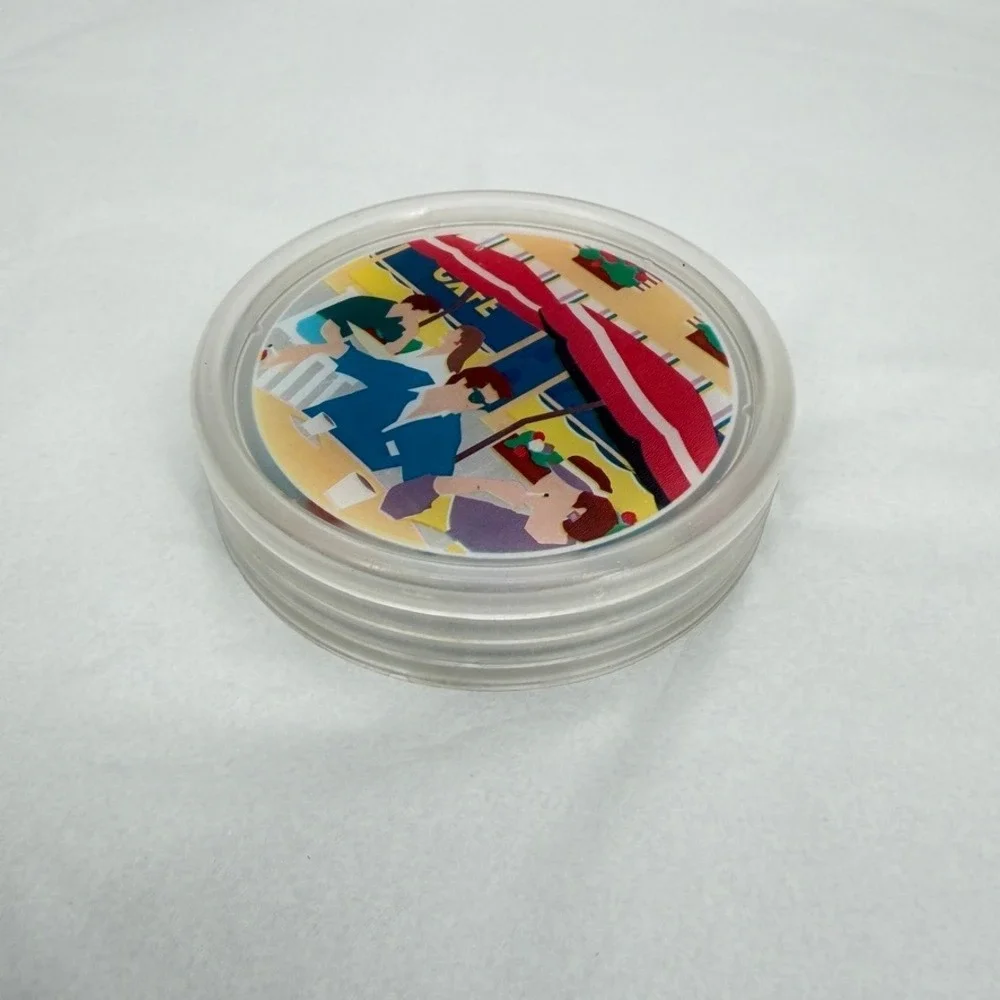 Vintage Kitsch Colorful Plastic Drink Coasters Vacation Scenes Set of 4 Barware